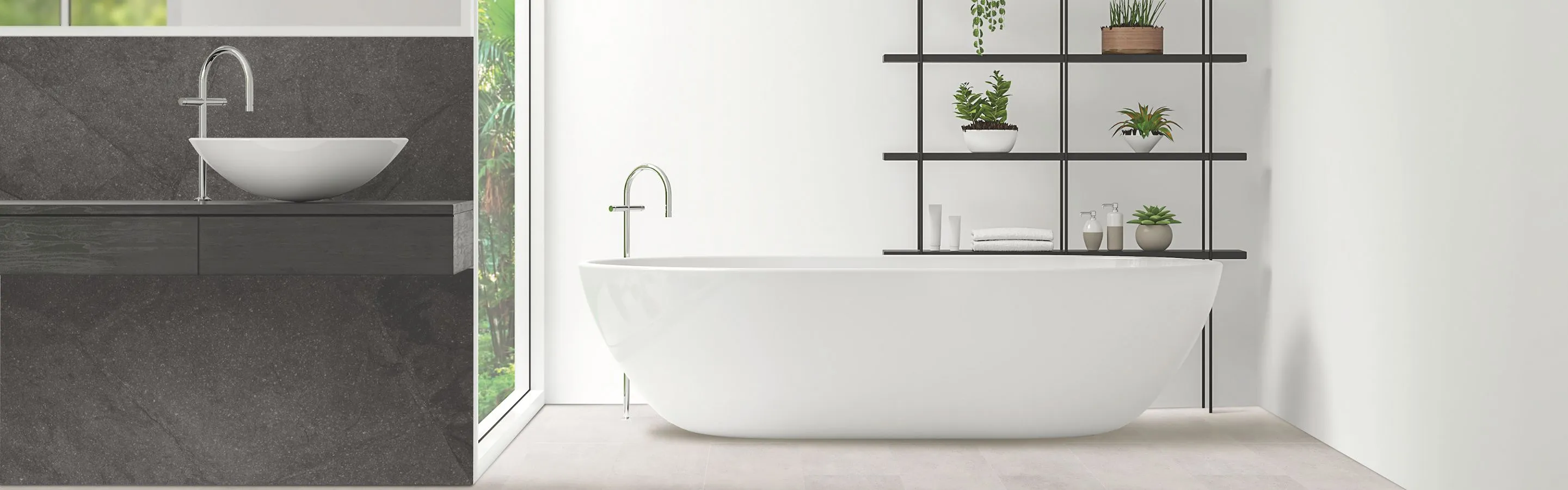 spa like bathroom with tub, tile floors, grey stone countertops